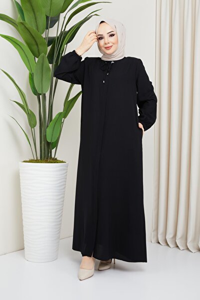 SENSTIL Önü Patlı Büyük Beden Siyah Ferace SS2041