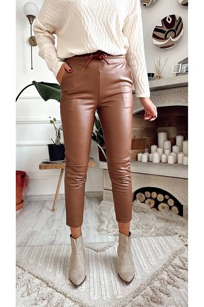 Şanss Butik Δερμάτινο παντελόνι υψηλής ποιότητας με κορδόνια στη μέση με λεπτομέρεια ραφής στο γόνατο