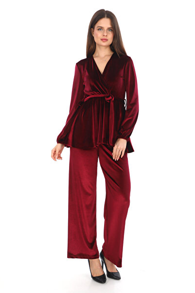 Big Love Lüks Kruvaze Yakalı Kadife Kuşaklı Bluz Pantolon Takım Koyu Kırmızı