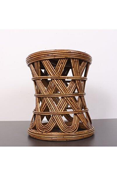 Mylamp Şölen 40x36 cm Doğal Kubu Rattan Sehpa & Tabure- Antik Renk