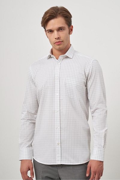 İmza Λευκό μακρυμάνικο καρό μοτίβο Gabardine Half Italian Pocket Classic Comfort Fit πουκάμισο 1004245193