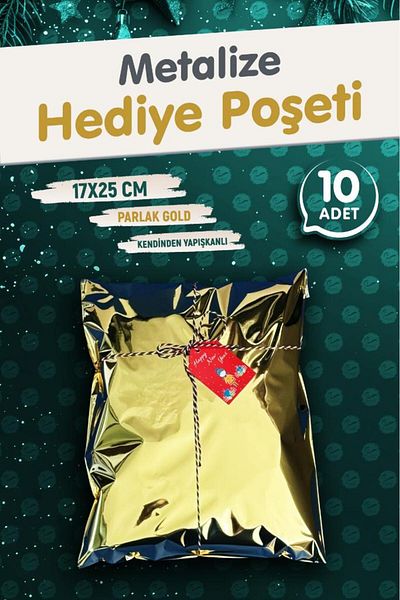 t tuğset etiket Метализирана торбичка за опаковане на подаръци с лепило 17x25см, златна, 10 броя, коледен подаръчен пакет за Нова година - T1089