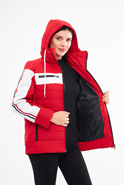 Avones Women's Sleeves Striped Neck Zippered Corded Hooded Puffer Jacket