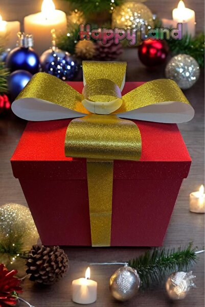 Happyland Yılbaşı Hediye Kutusu Kırmızı Renk Simli Kurdeleli Kendin Yap Model 25x25x25 Cm