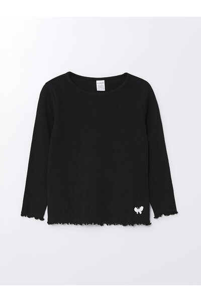 LC Waikiki تي شيرت أسود برقبة دائرية وأكمام طويلة مطبوع للفتيات