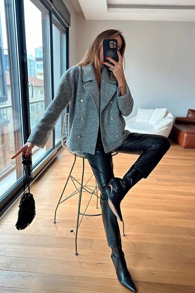 Şanss Butik Premium Quality Lace-Up Waist Knee Stitching Detail Leather Trousers