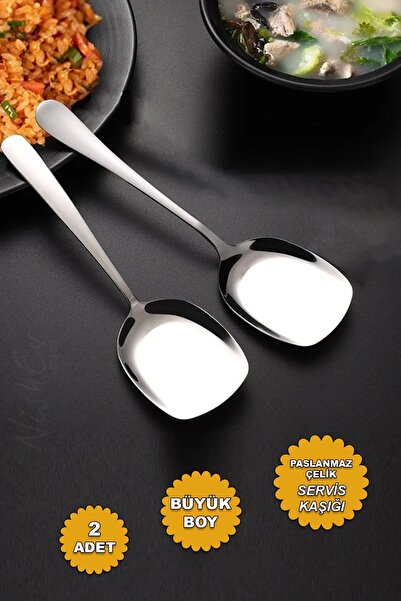 Nishev 2'li Lüks Servis Kaşığı Seti Büyük Boy Paslanmaz Çelik Kaşık Salata Pa...