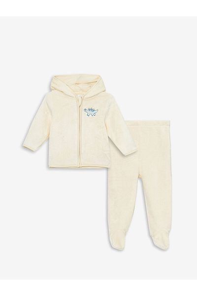 LC Waikiki Lcw Hooded Dinosaur Embroidered Plush Baby Boy Cardigan and Pants Set of 2