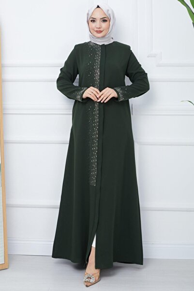 SENSTIL Large Size Glittered Stone Detailed Ferace - Khaki Ss2351