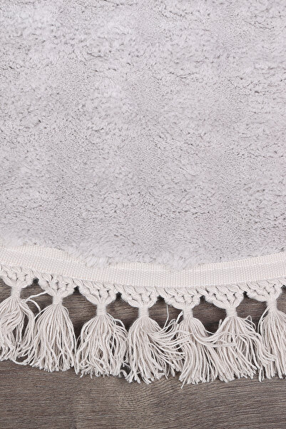 Teksev Bubble Gray Color Oval Pompom Fringed Plush Runner Machine Washable Non-Slip Based Soft Carpet