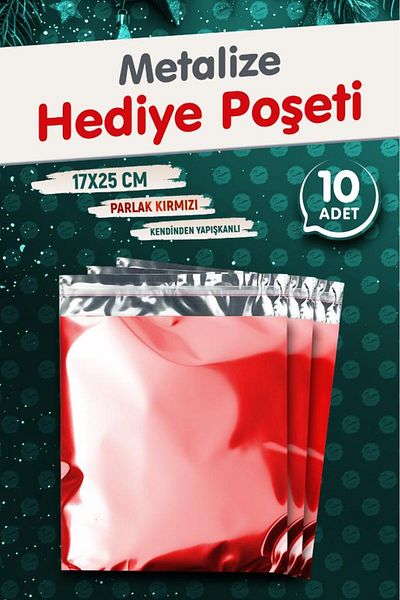 t tuğset etiket Метализирана торбичка за опаковане на подаръци с лепило 17x25см, червена, 10 броя, коледен подаръчен пакет -T1