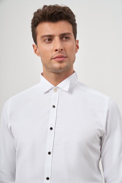 İmza Λευκό μακρυμάνικο πουκάμισο τελετής από βαμβακερό γιακά από βαμβακερό γιακά 1004240331