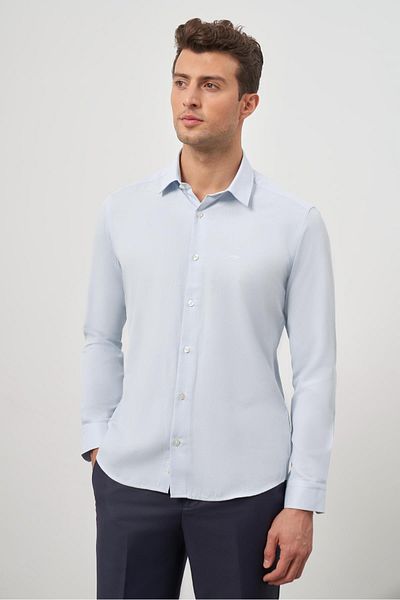 İmza Μακρυμάνικο σκούρο μπλε μοτίβο Dobby Classic Slim Fit πουκάμισο - 1004245152