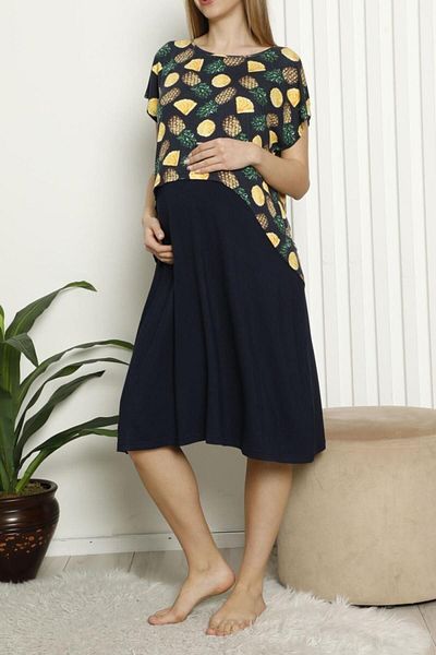 Nicoletta Navy Blue Lycra Maternity Tunic and Nightgown - Short Sleeve, Two Pieces