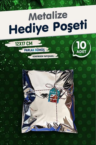 t tuğset etiket Метализирана торбичка за опаковане на подаръци с лепило 12x17 см, сребърна, 10 броя, коледен подаръчен пакет за Нова година - T108
