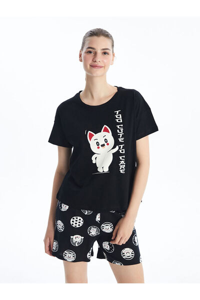 LC Waikiki Set de pijamale LCW pentru femei, cu mâneci scurte, cu imprimeu, cu pantaloni scurți