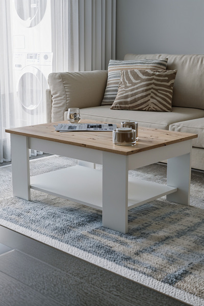 KODIGU Atlantik Çam - Beyaz Sole Orta Sehpa 60x90x45 Alt Büyük Raflı