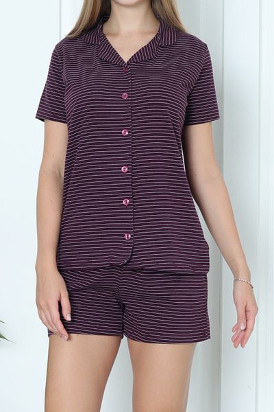 Nicoletta Damson Striped Women's Shorts Pajamas Set - Short Sleeve and Buttoned Pocket