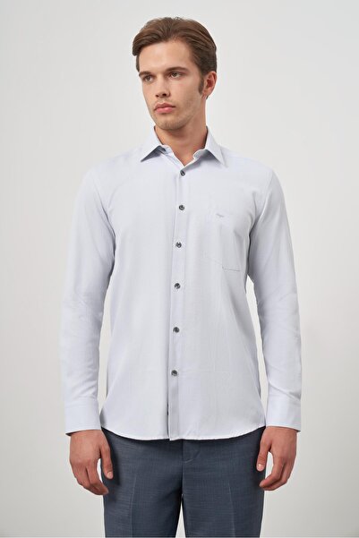 İmza 041 Μοντέλο γκρι μακρυμάνικο - πουκάμισο με σκληρό γιακά με σχέδιο και Dobby Classic Comfort Fit 1004245156