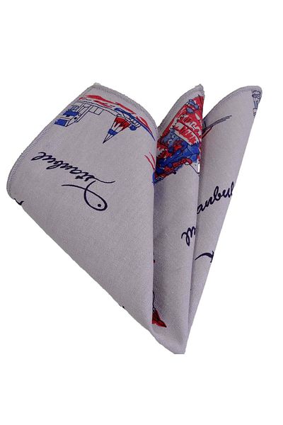 Exve Exclusive Red Blue Transition on Gray Istanbul Galata Seagull Themed Collar Pocket Handkerchief