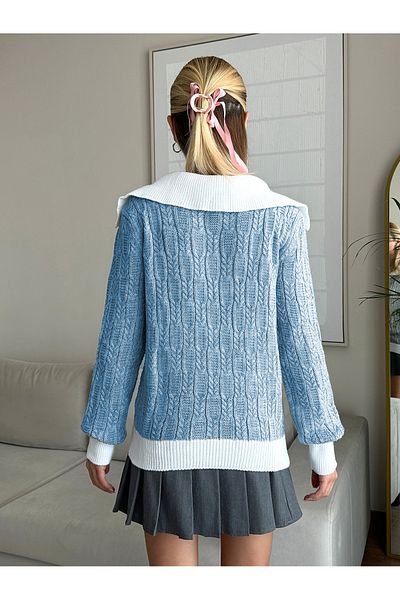 TRQOM Pulover tricotat din tricot cu decolteu în V Baby Blue