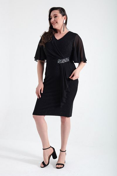 Lafaba Women's Black V-Neck Short Sleeve Plus Size Midi Evening Dress