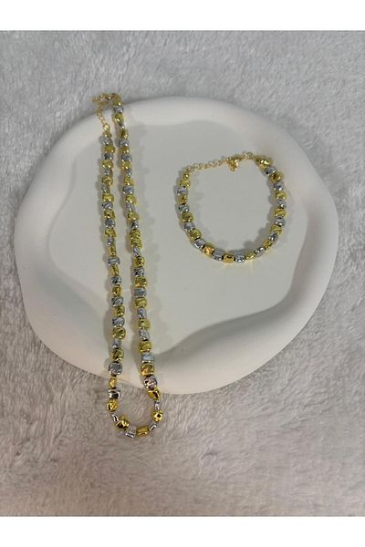 FASHİON JEWELRY Women's Pebble Patterned Silver Gold Color Necklace and Bracelet Set