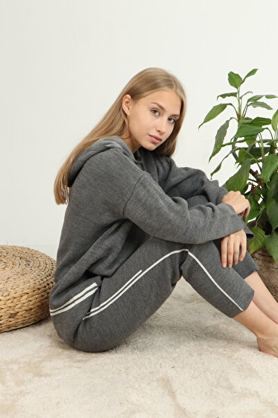 Blue Petrol Women's Hooded Stripe Detailed Knitwear Set