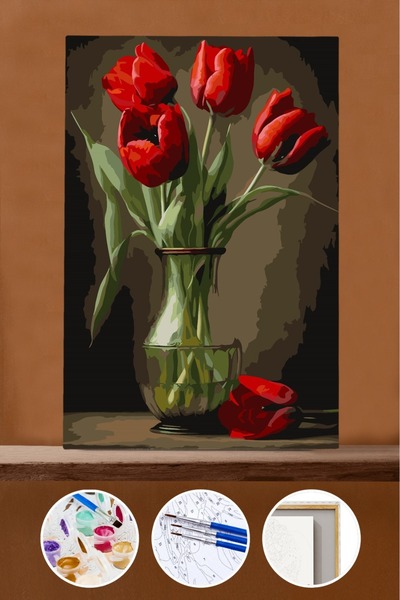 Pastelya Sayılarla Boyama Seti Çerçeveli Kasnaklı Kırmızı Laleler 1 40 x 50 cm