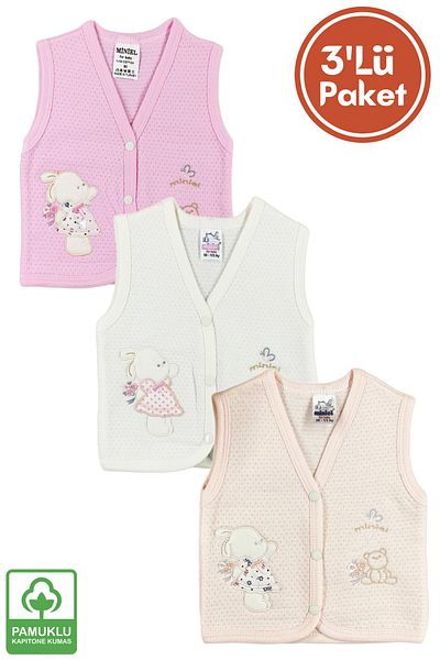Miniel Baby Girl Cute Teddy Bear Embroidered Organic Cotton 3-6-9 Months 3-Piece Quilted Baby Vest Set