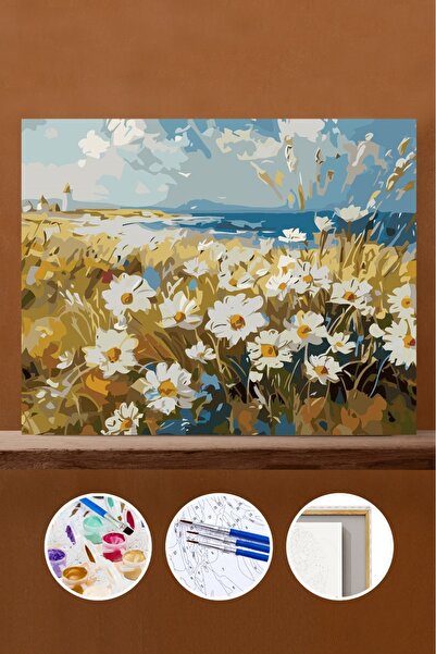 Pastelya Sayılarla Boyama Seti Çerçeveli Kasnaklı Kumsalda Çiçekler 40 x 50 cm