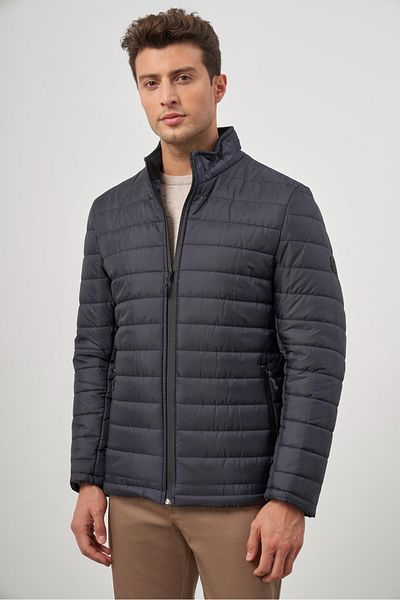 İmza Тъмносиньо ватирано палто Slim Fit - Яка тип „дядо“, Прав цепка, Цяла подплата - 1007245155