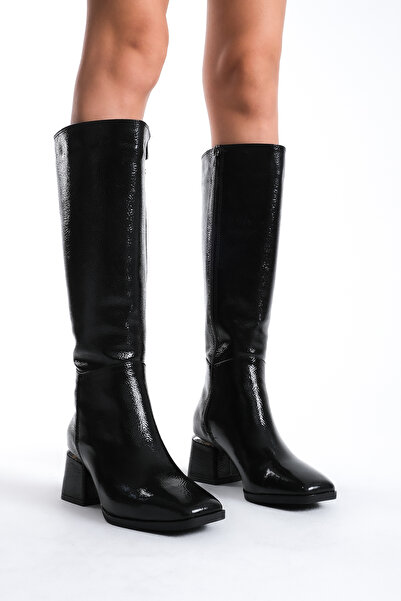 Limeo Γυναικείες μαύρες δερμάτινες μπότες με τσαλακωμένο λουστρίνι με τακούνι κάτω από το γόνατο, λαμπερές λεπτομέρειες με φερμουάρ εφέ δέρματος μακριές μπότες