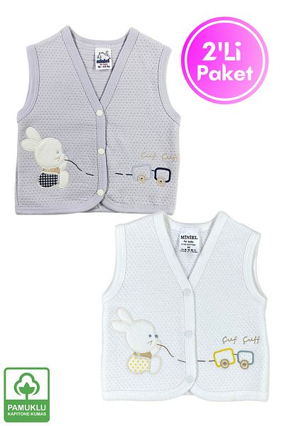 Miniel Unisex Baby Rabbit Embroidered Organic Cotton 3-6-9 Months 2 Pieces Quilted Baby Vest - Gray