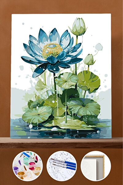 Pastelya Sayılarla Boyama Seti Çerçeveli Kasnaklı Mavi Lotus 60 x 75 cm