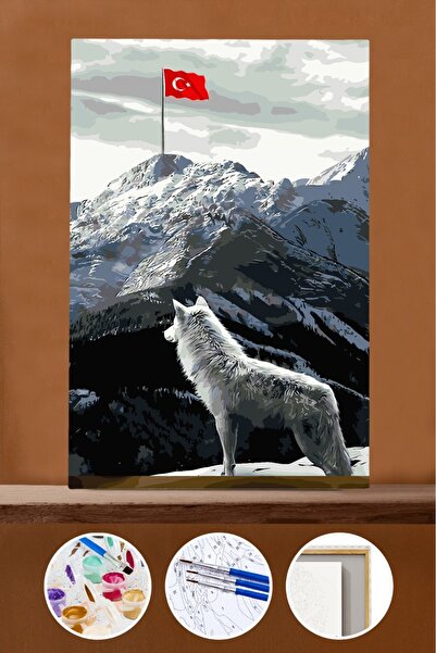 Pastelya Sayılarla Boyama Seti Çerçeveli Kasnaklı Kurt ve Bayrak 60 x 75 cm