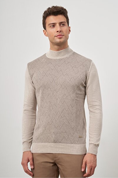 İmza Μπεζ μακρυμάνικο πλεκτό με στάμπα - μισό ζιβάγκο, κλασική άνετη εφαρμογή 1012245159