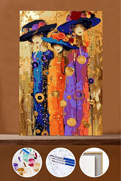 Pastelya Sayılarla Boyama Seti Çerçeveli Kasnaklı 3 Şapkalı Kadın 40 x 50 cm