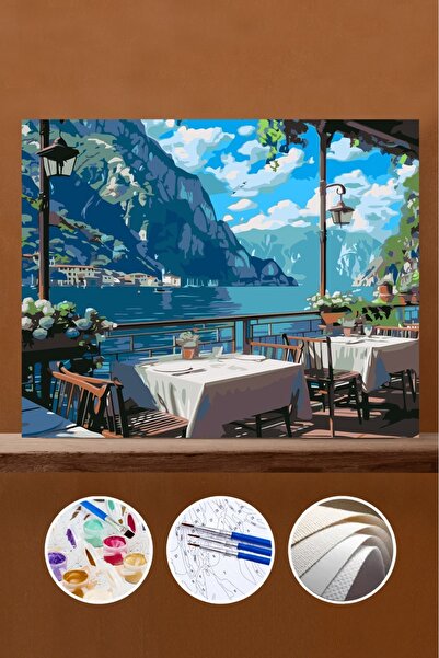 Pastelya Sayılarla Boyama Seti Çerçeveli Kasnaklı Teras Cafe Manzara 60 X 75 Cm