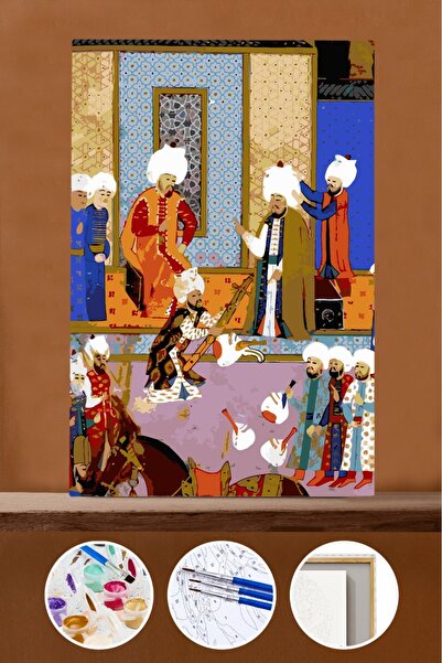 Pastelya Sayılarla Boyama Seti Çerçeveli Kasnaklı Osmanlı Minyatürü 60 x 75 cm