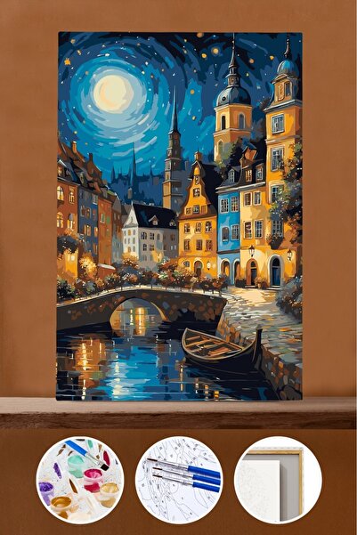 Pastelya Sayılarla Boyama Seti Çerçeveli Kasnaklı Göl Kenarında Güzel Bir Şeh...