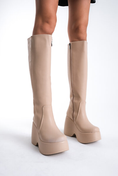 Limeo Women's Below the Knee Nude High Wedge Heeled Zippered Skin Leather Look Long Boots