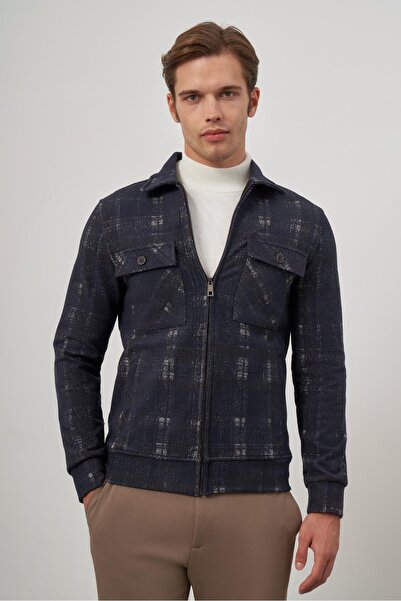 İmza Koyu Lacivert Örme Bebe Yaka Kendinden Desenli Yırtmaçsız Astarsız Slim Fit Classic Mont 1007245157