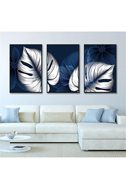 Linacci Set de 3 tablouri din sticlă cu cadru metalic negru, albastru bleumarin