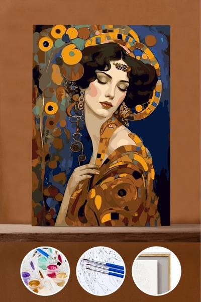 Pastelya Sayılarla Boyama Seti Çerçeveli Kasnaklı Gustav Klimt Kadın 40 x 50 cm
