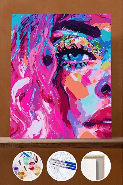 Pastelya Sayılarla Boyama Seti Çerçeveli Kasnaklı Pembe Kadın 2 60 x 75 cm