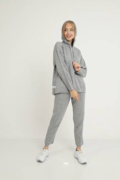 Blue Petrol Women's Hooded Stripe Detailed Knitwear Set