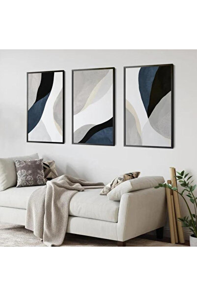 Linacci Üçlü İnce Siyah Metal Çerçeve Mavi Gri Camlı Tablo Seti