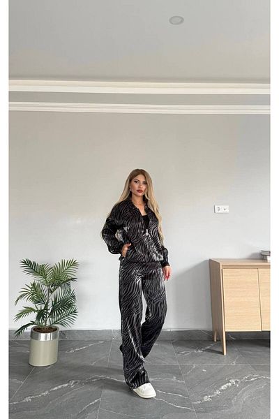 bonibon butikk Women's Bomber Jacket Stoned Satin Suit High Quality Bottom Top Set