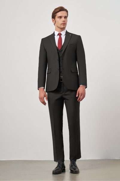 İmza Siyah Kırlangıç Yaka Çizgili Yelekli 6 Drop Slim Fit Tam Astar Yünlü Tak...